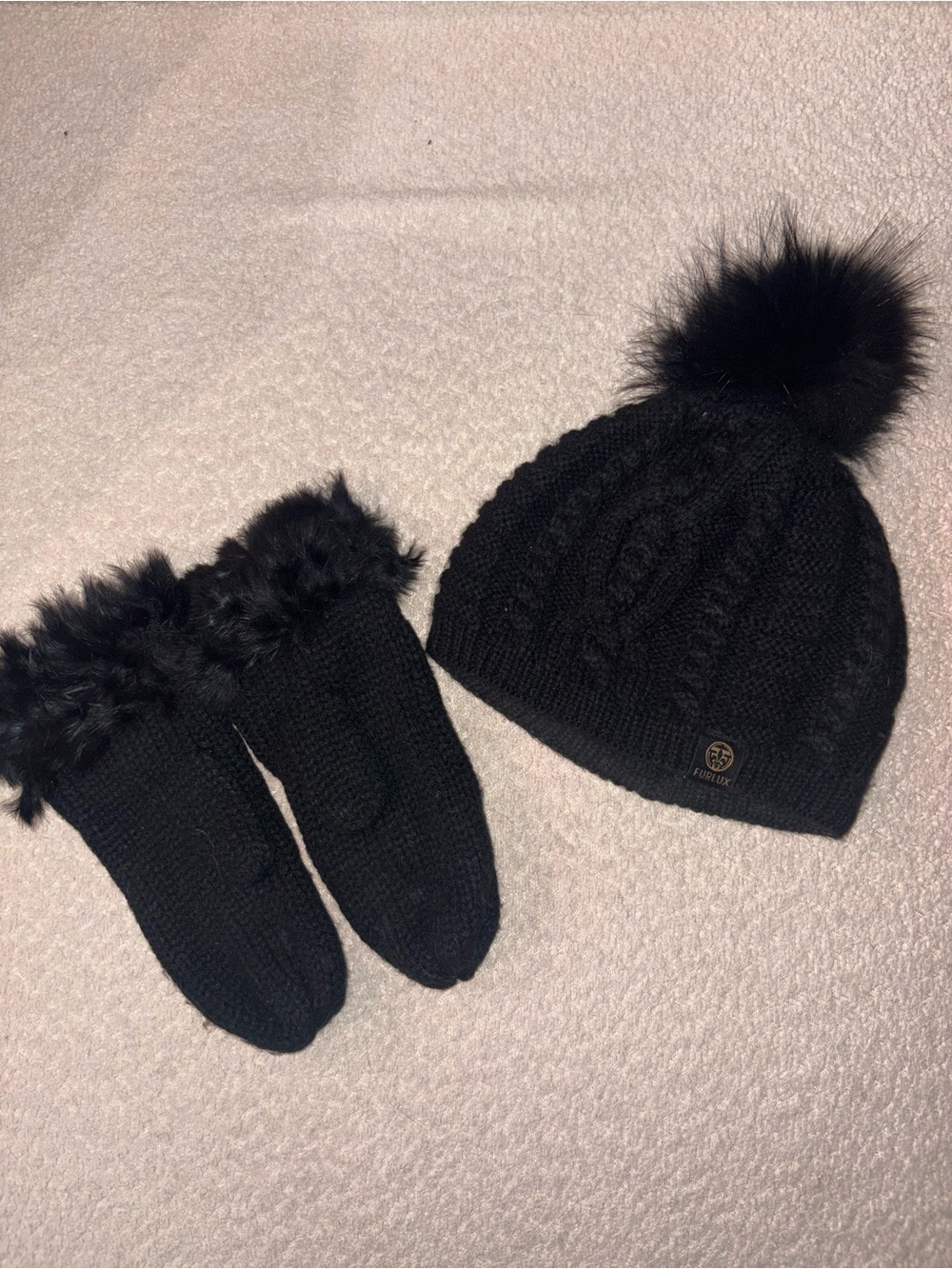 REAL Fur Pom Knit Hat & Mittens Set - Black